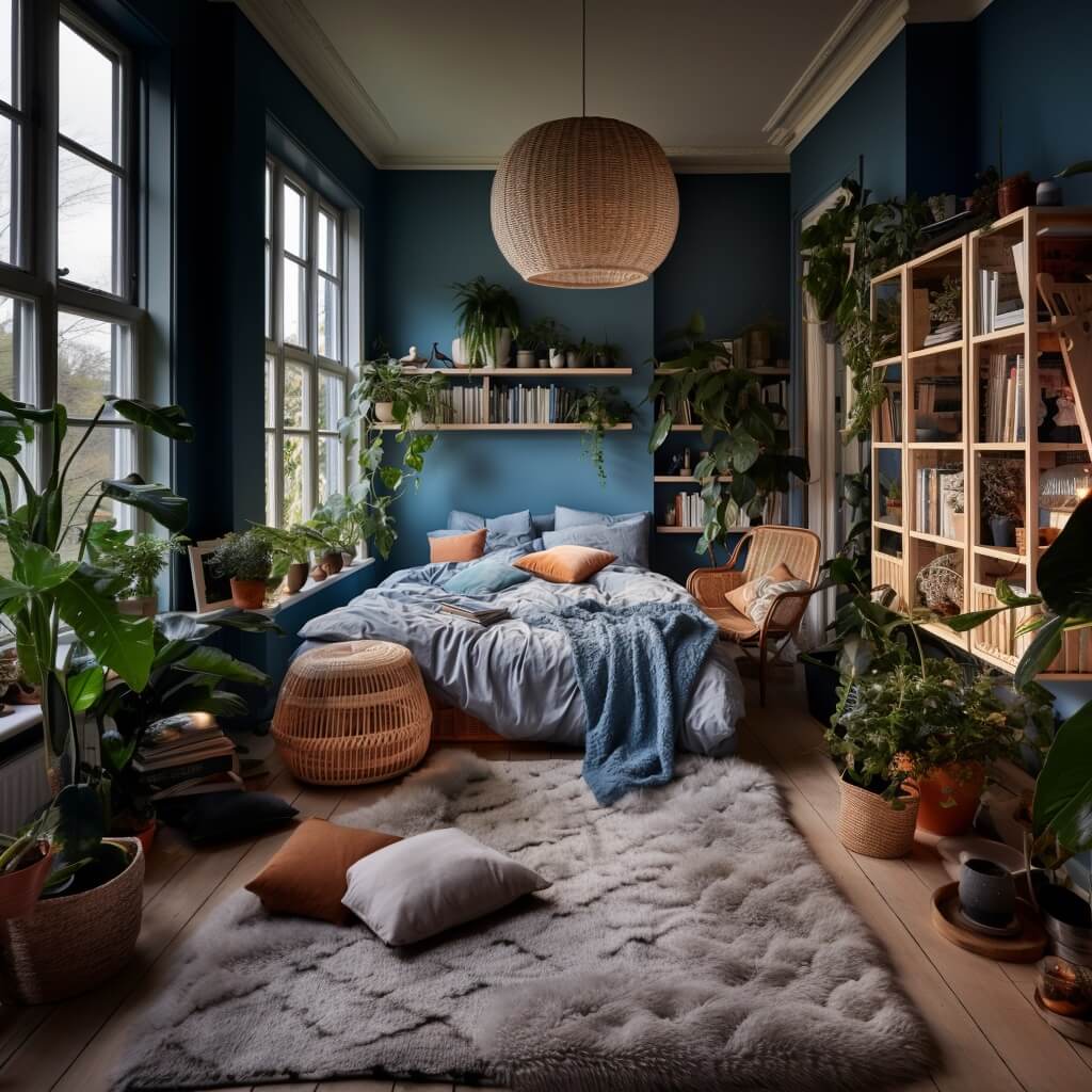 https://www.woodgrain.com/wp-content/uploads/blue-bedroom-plants-bookcase-cozy-textiles-interior-trends-nordroom-1.jpg